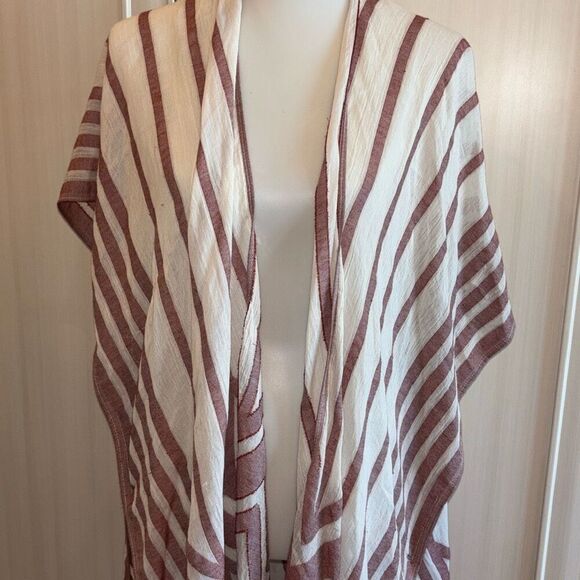 Steve Madden red white striped kimono cover up fringe hem OSFM shawl wrap boho - Picture 2 of 9